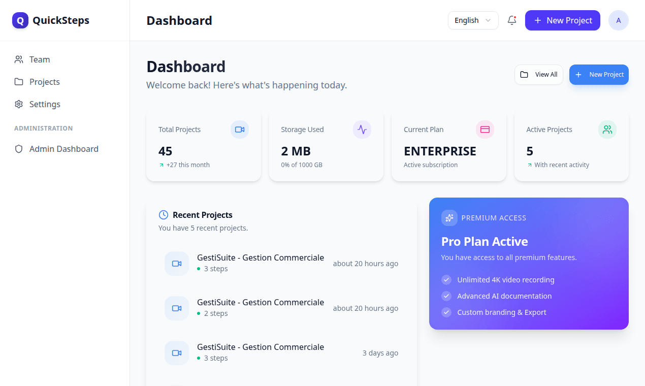 QuickSteps dashboard with real projects and stats