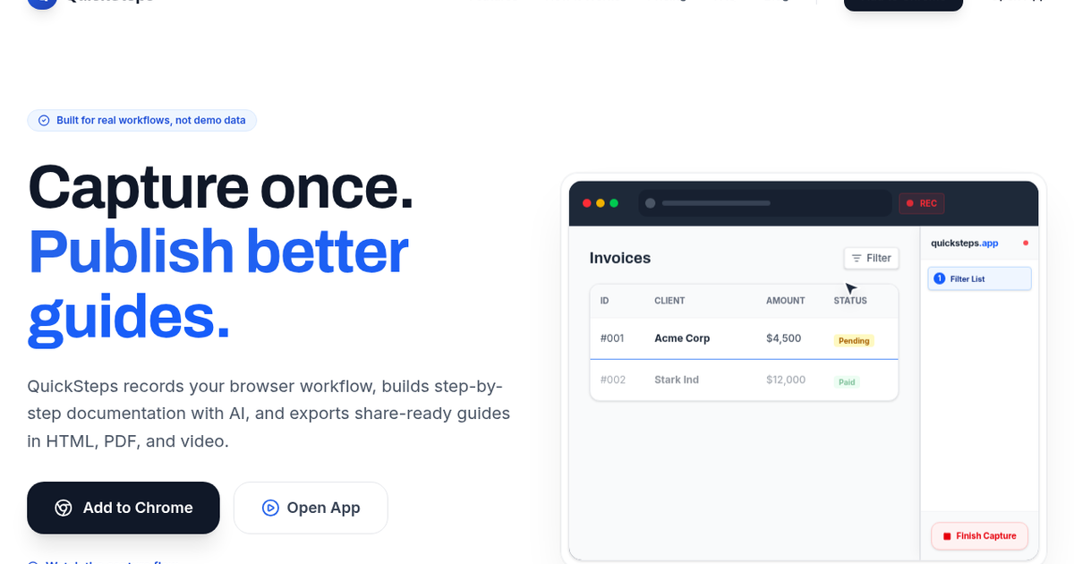 Quickcapture Application Workflow QuickSteps | Capture workflows, generate guides instantly.